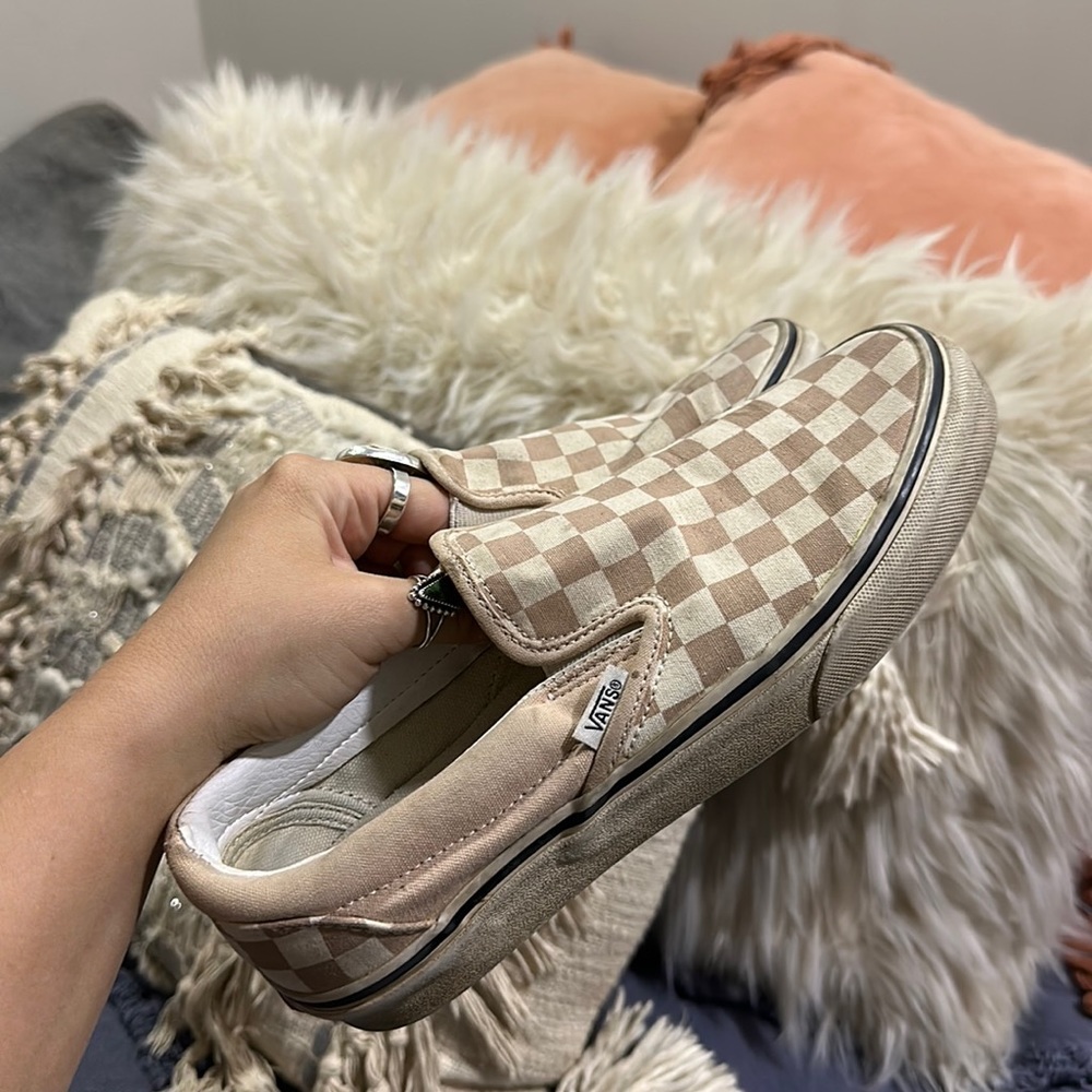 Vans Checkered Slip-On Sneakers - Beige and White